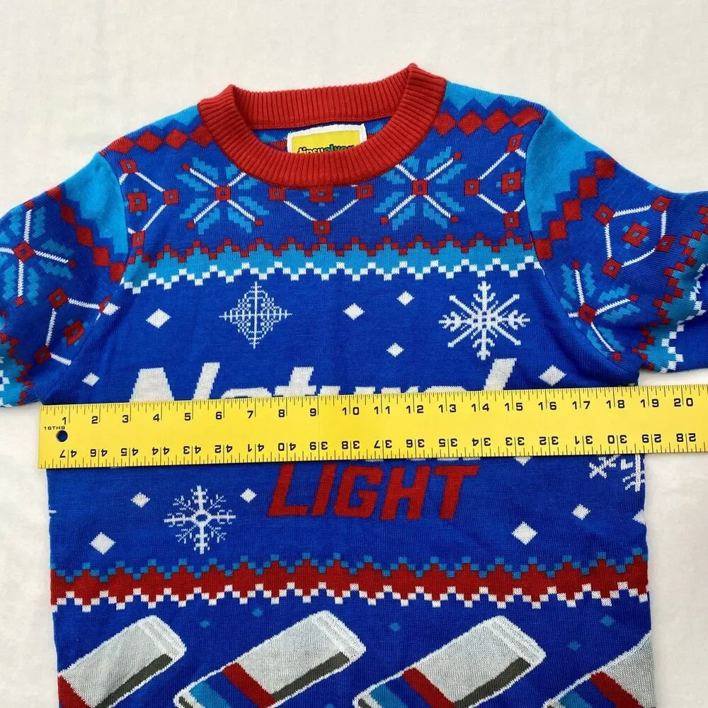 Tipsy Elves Ugly Christmas Sweater Mens Small Blue Red Natural Light Beer Party